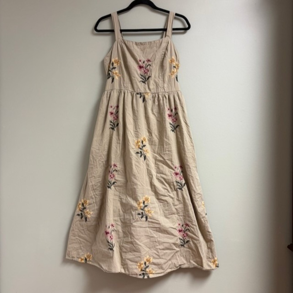 LEA Cross Stitch Floral Embroidered Midi Dress M Cottage Smocked Garden Party